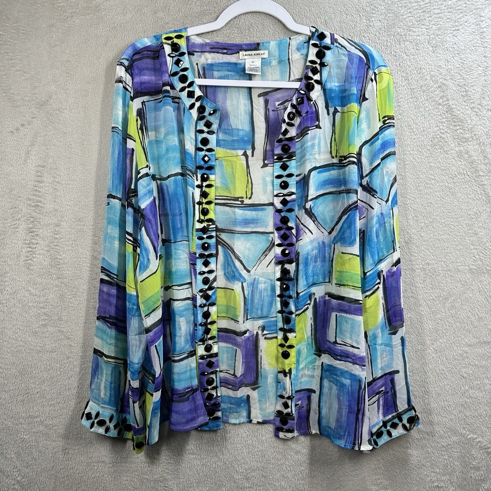 Laura Ashley 100% Silk Cardigan Women's‎ XL Artsy Colorful Sheer Beaded